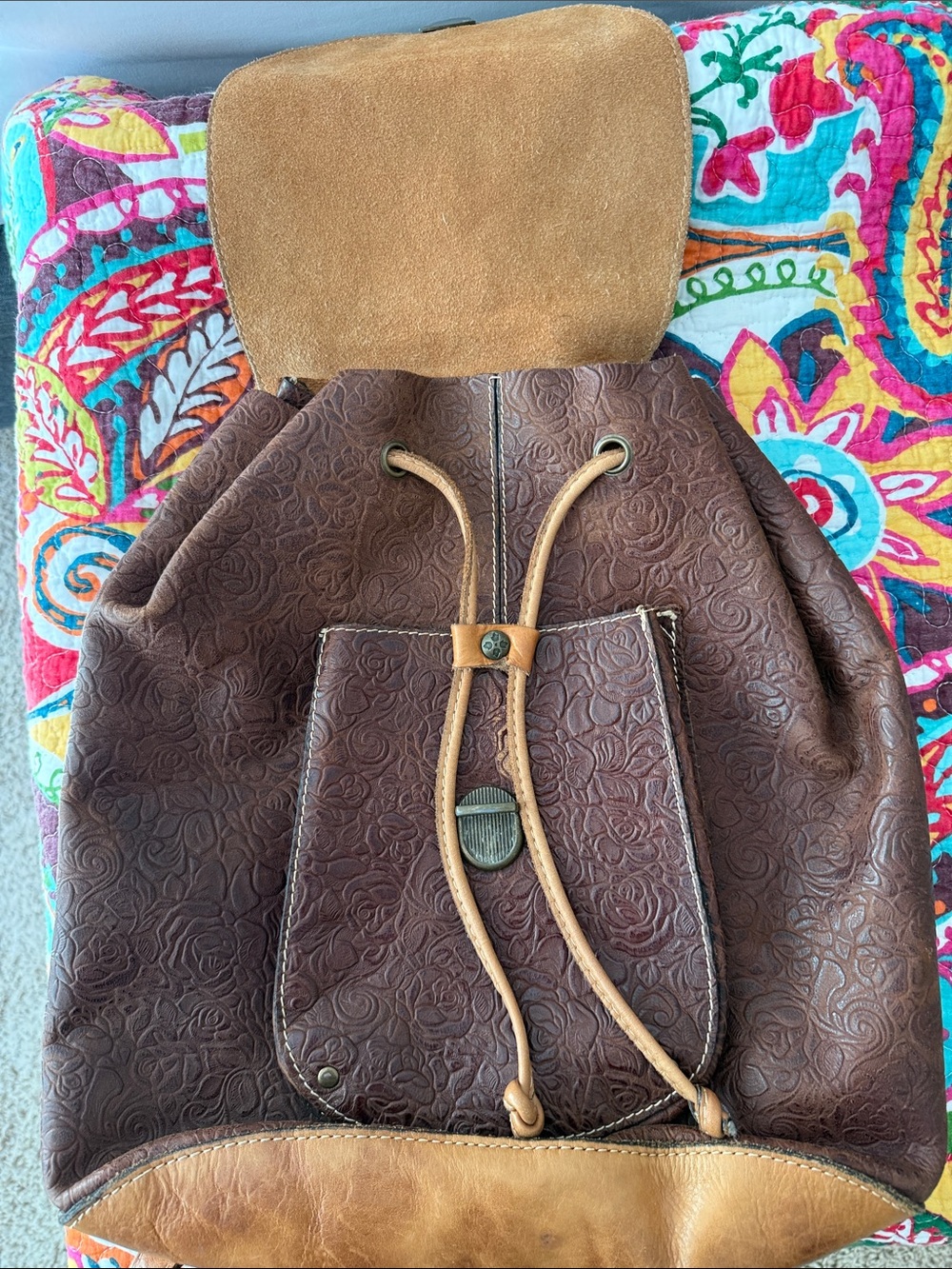 Patricia Nash Brown Embossed Floral Leather Backpack with Tan Trim - Picture 3 of 4